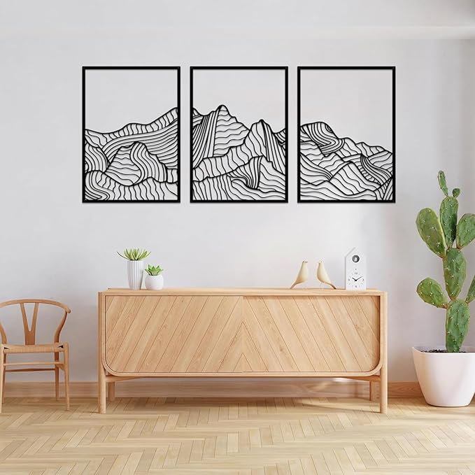 ruelen Wall Decor 3 Pcs Mountain Metal Wall Art, Mountain Line Abstract Minimalist Wall Art Rustic Nature Wall Decor Hanging Sculpture for Home Bedroom Bathroom Living Room (Black)