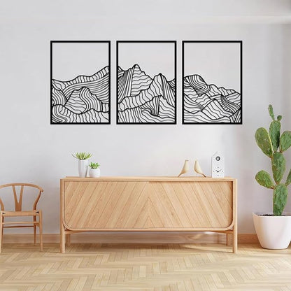ruelen Wall Decor 3 Pcs Mountain Metal Wall Art, Mountain Line Abstract Minimalist Wall Art Rustic Nature Wall Decor Hanging Sculpture for Home Bedroom Bathroom Living Room (Black)