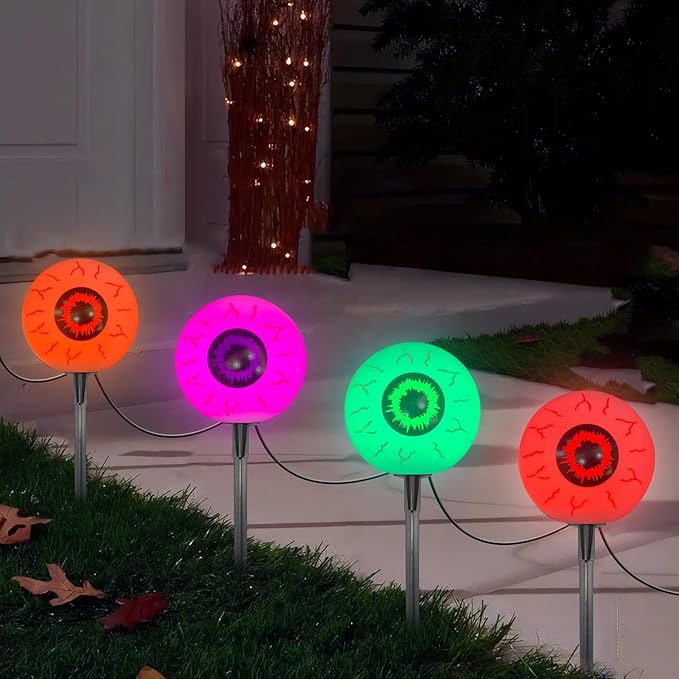 Halloween Eyeball Lights Outdoor,4PCS 3D Eyeball Pathway Lights with Stake,Waterproof Cute C7 Outdoor Light Up Eyes for Halloween Bushes Driveway Garden Yard Lawn Decor