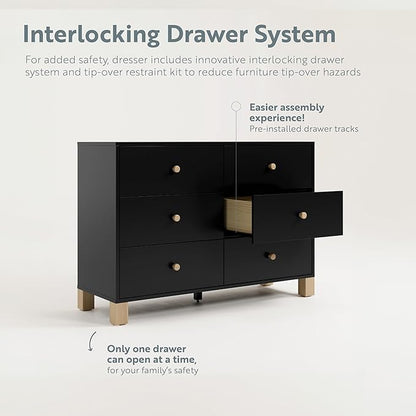 Storkcraft California 6-Drawer Double Dresser (Black with Driftwood) - GREENGUARD Gold Certified, Interlocking Drawer System, Dresser Drawer Organizer for Kids Bedroom