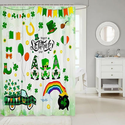 Manfei Happy St. Patrick's Day Kids Shower Curtains,Cartoon Gnomes Truck Leaves Rainbow Bathroom Curtains for Girls Boys,Irish Flag Holiday Green Cute Waterproof Curtains,12 Hooks Suits,72" W x 72" L