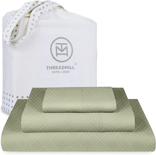 Threadmill Twin Sheets for Twin Mattress | 800 Thread Count Jacquard Celine Sage Green Sheets | 100% Cotton 3 Piece Bed Sheets | Extra Long Staple Cotton | Cotton Sheet with Elasticized Deep Pocket