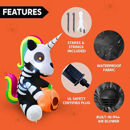 Joiedomi 5 FT Halloween Inflatables Skeleton Decor Outdoor, Blow Up Decorations Sitting Skeleton Unicorn with LEDs for Halloween Decorations Outside, Yard Decor