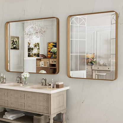 LOAAO 40X24 Inch Bathroom Mirror with Wood Grain Colored Metal Frame, Rounded Rectangle Metal Framed Bathroom Mirror, Anti-Rust, Hangs Horizontally or Vertically
