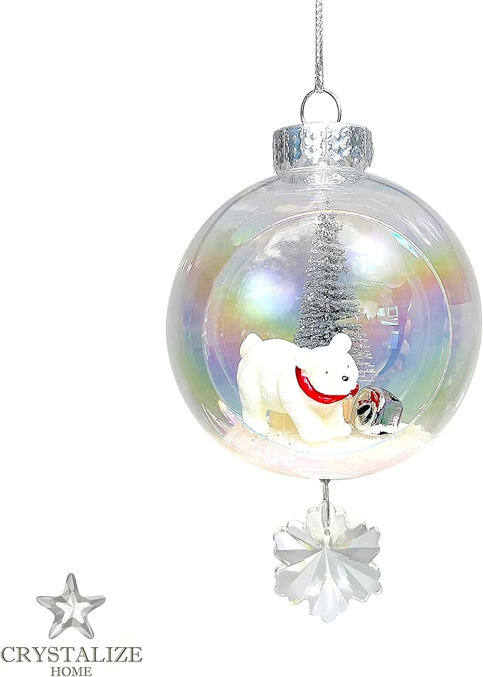 Polar Bear Christmas Ornament - Handmade Shatterproof Decorations for Indoor Outdoor Xmas Tree - Clear Ball Ornaments with Magnetic Crystal - Great Gift or Stocking Stuffer for Mom, Sister, Friend