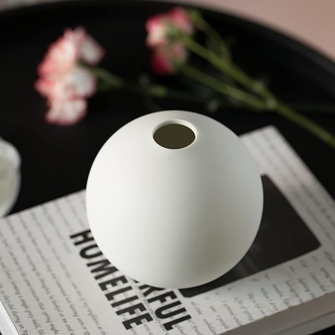 4-in Round White Ceramic Table Vase – Modern, Bohemian and Minimalist Decorative Centerpiece for Weddings, Dining & Living Rooms, Offices, Coffee Tables, and Interior Design Accessories