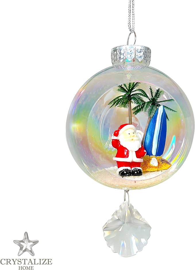 Santa Surf Christmas Ornament - Handmade Shatterproof Decorations for Indoor Outdoor Xmas Tree - Clear Ball Ornaments with Magnetic Crystal - Great Gift or Stocking Stuffer for Mom, Sister, Friend