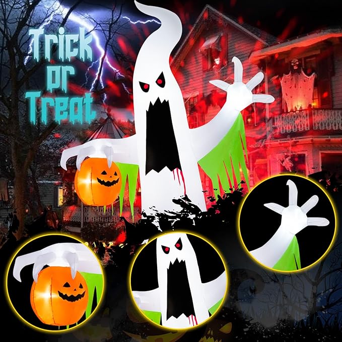 B&D 13FT Halloween Inflatables Outdoor Decorations, Giant White Ghost Inflatable Halloween Decorations Built-in Red LED Flame Light Halloween Blow up Inflatable Ghost for Party Yard Garden Lawn Decor
