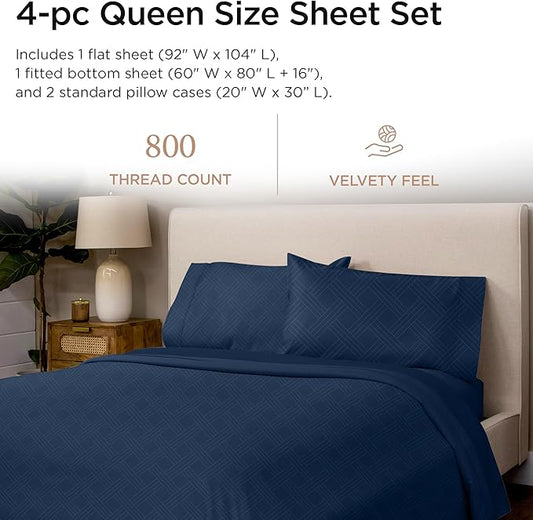 Threadmill Queen Sheet Set for Queen Mattresses | 800 Thread Count Jacquard Celine Folkstone Blue | Better Than Egyptian Cotton | 4 Pc Bed Sheets | Elasticized Deep Pocket | 100% Cotton Sheets