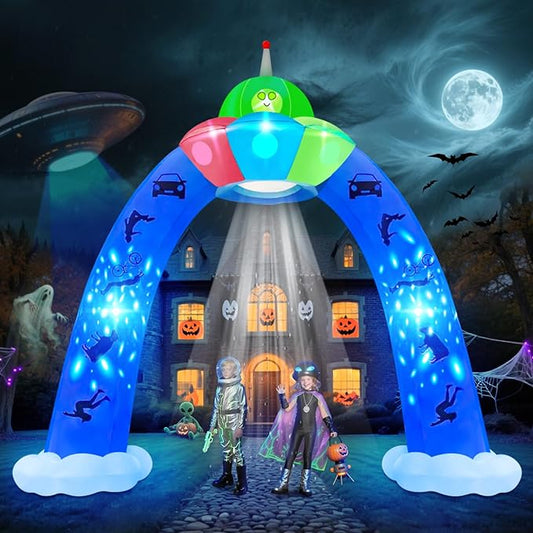 Kalolary 12.5FT Halloween Archway Inflatables, Giant Alien UFO Arch Inflatable with Blue Flashing Lights Scary Halloween Outdoor Blow Up Yard Decoration for Garden Lawn Holiday Party Decors