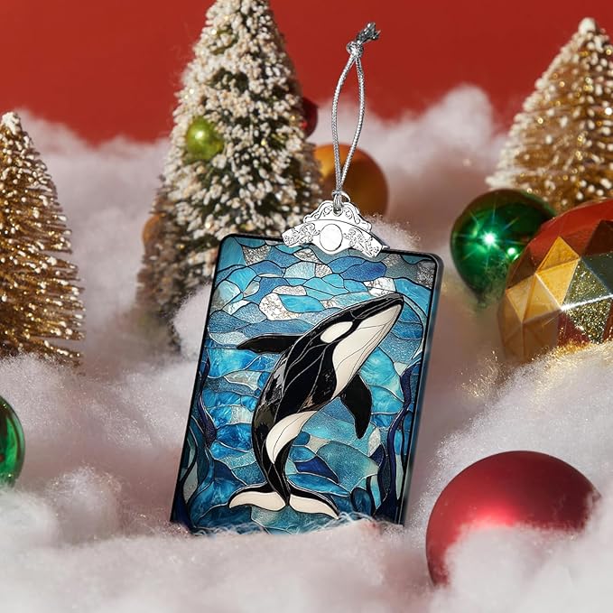 Orca Whale Stained Glass 2025 Christmas Ornament, Ocean-Themed Christmas Tree Hanging Decoration for Coastal Holiday Decor or Gift Exchange, 3.8 x 2.4 Inch