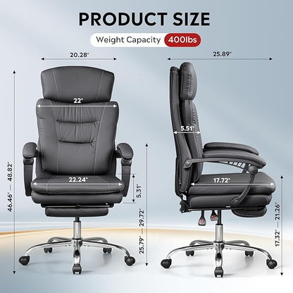 DEVAISE Executive Leather Home Office Chair with Footrest, High Back and Heavy Duty, Comfortable Big and Tall Ergonomic Desk Chair with Lumbar Support, Comfy Reclining, SGS Class 4 Gas Lift, Black