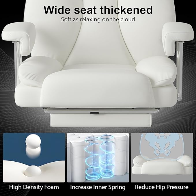 Big and Tall Office Chair, Ergonomic Leather High Back Executive Computer Desk Chair with Retractable Footrest and Padded Arms, 360°Swivel Free, 90-135°Reclining, 500lbs Wide Seat, White