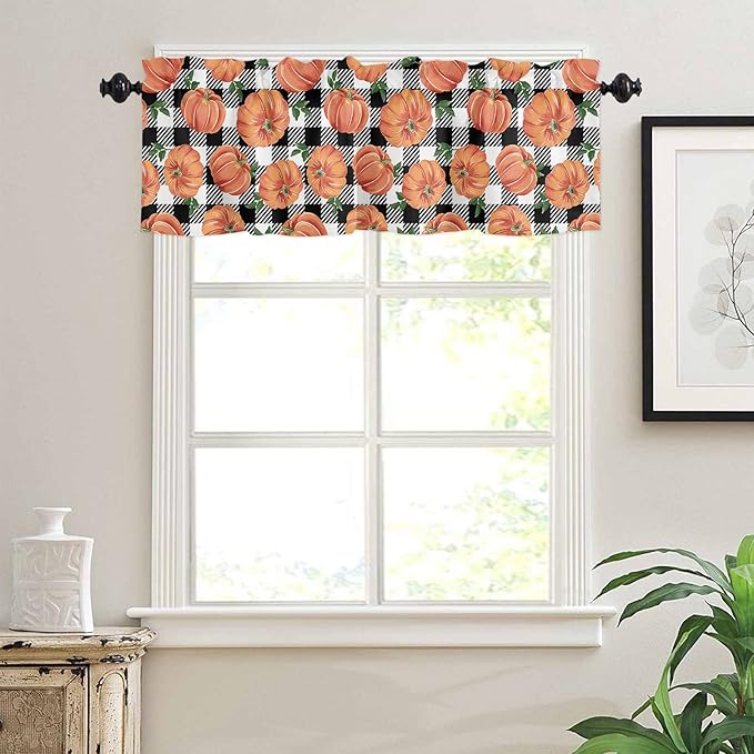 Fall Kitchen Curtains and Valances Set, Thanksgiving Halloween Pumpkins Small Windows Treatments Tiers Half/Short Curtains forCafe /Living Room/Bedroom 54x24 in, Farmhouse Black White Buffalo Plaid