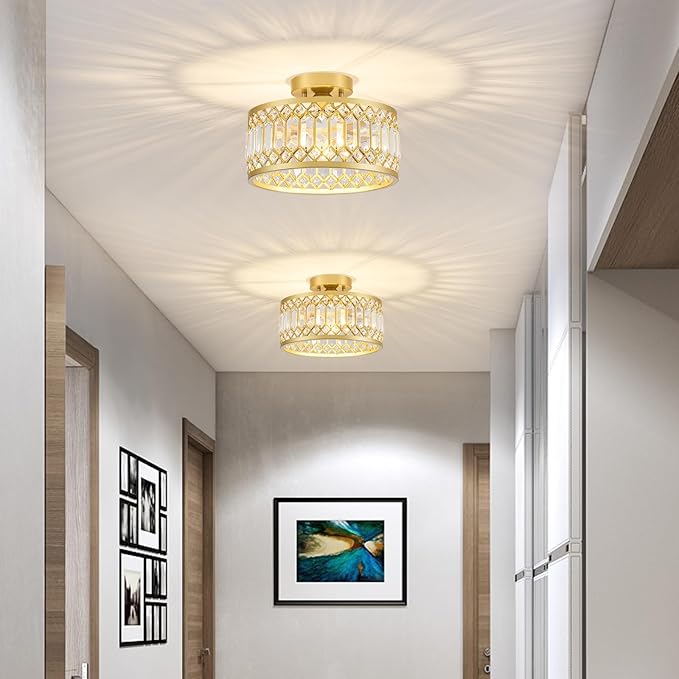Crystal Ceiling Light Fixture, Modern Semi Flush Mount Ceiling Light, Gold Lighting Fixtures Ceiling Lamp for Hallway, Kitchen, Entryway, Bedroom, Laundry Room, 1-Light, 11.4 Inch
