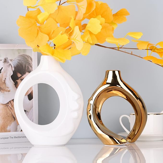 White Gold Ceramic Vase Set of 2 for Modern Home Decor,Round Boho Vase for Pampas Grass,Neutral Minimalist Vase for Dining Room Table Centerpiece Dining Room,Wedding Table Decoration