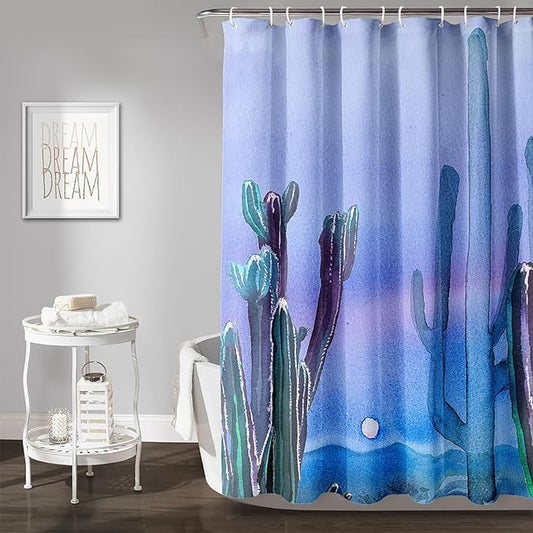 AILONEN Watercolor Cactus Shower Curtain,Blue-Purple Dreamy Theme Bathroom Fabric Shower Curtain for Boys Kids Teens, 36" W*72" H Night Cactus Forest Bathroom Decor