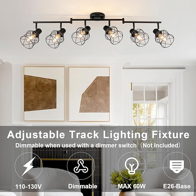 WILON Track Lighting Kit 6 Way Ceiling Spotlight-Industrial Flush Mount Ceiling Light Black Kitchen Ceiling Light Fixtures Kitchen Track Lighting Flexibly Rotatable Light Head E26 Base
