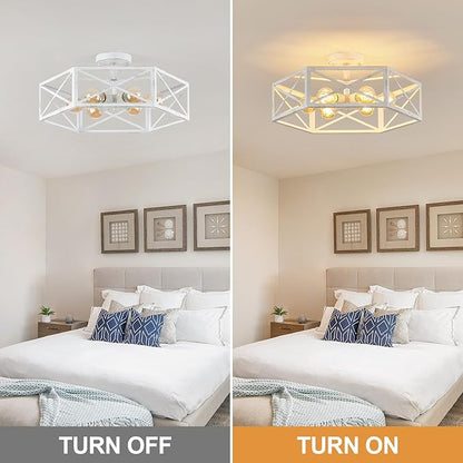 White Flush Mount Ceiling Light, 6 Light Flush Mount Light Fixture, Modern Close to Ceiling Light with Metal Hexagon Cage, Farmhouse Light Fixture for Hallway, Kitchen, Bedroom