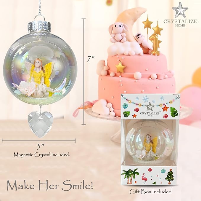 Yellow Fairy Christmas Ornament - Handmade Shatterproof Decorations for Indoor Outdoor Xmas Tree - Clear Ball Ornaments with Magnetic Crystal - Great Gift or Stocking Stuffer for Mom, Sister, Friend