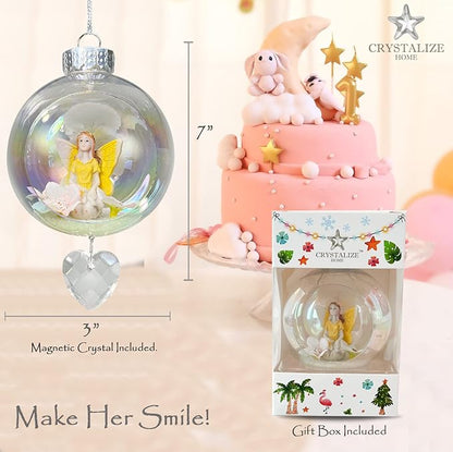 Yellow Fairy Christmas Ornament - Handmade Shatterproof Decorations for Indoor Outdoor Xmas Tree - Clear Ball Ornaments with Magnetic Crystal - Great Gift or Stocking Stuffer for Mom, Sister, Friend
