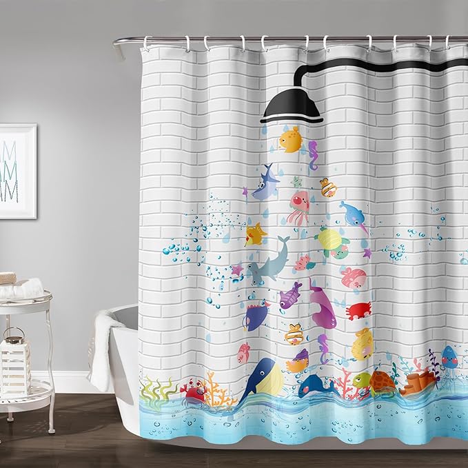AILONEN Cute Fish Shower Curtain for Kids 60" W*72" H Inch,Raining Marine Animal Playing Water Shower Curtains,12 Pack Hooks Polyester Waterproof Fabric Decor for Bathroom Bathtub Panels