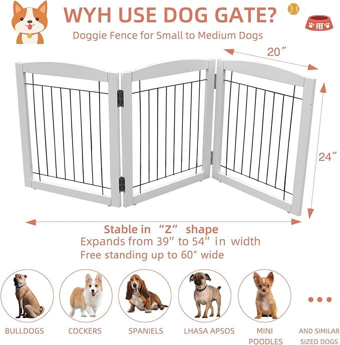 ZJSF Freestanding Foldable Dog Gate for House Extra Wide Wooden White Indoor Puppy Gate Stairs Doorways Pet Gate Tall Dog Fence 3 Panels Fence