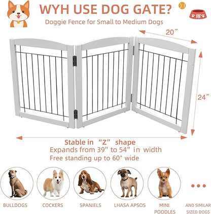 ZJSF Freestanding Foldable Dog Gate for House Extra Wide Wooden White Indoor Puppy Gate Stairs Doorways Pet Gate Tall Dog Fence 3 Panels Fence