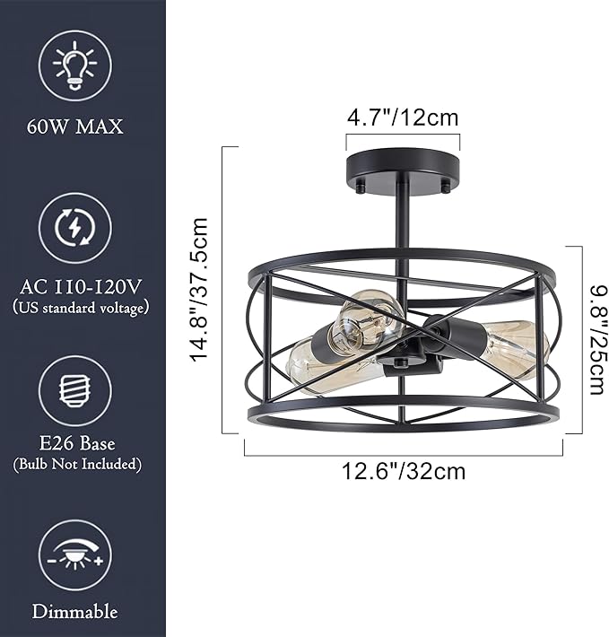 Industrial Farmhouse Semi Flush Mount Ceiling Light, 3-Light Drum Shade Fixture, Black