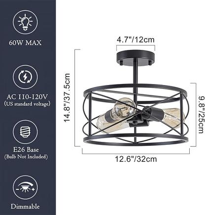 Industrial Farmhouse Semi Flush Mount Ceiling Light, 3-Light Drum Shade Fixture, Black