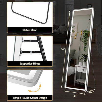Sweetcrispy 64"x21" Mirror Full Length Standing Mirror with LED Lights, Lighted Floor Mirror with Stand, w/Dimming & 3 Color Lighting, Wall Mirror Full Length Aluminum Alloy Thin Frame, White