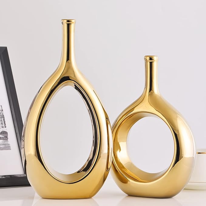 Glossy Gold Ceramic Vase Set 2,Modern Hollow Circle with Hole Flower Vase for Home Decor,for Table Centerpieces,Farmhouse,Fire Place,Living Room,Bedroom,Office,Bookshelf,Rustic Decor