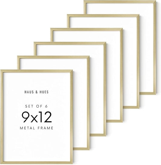 HAUS AND HUES 9x12 Gold Metal Picture Frames - Features Premium Aluminum, Vertical & Horizontal Hang, Shatterproof Plexiglass - Perfect for Home, Room, Office (9x12 in, Gold, Set of 6)