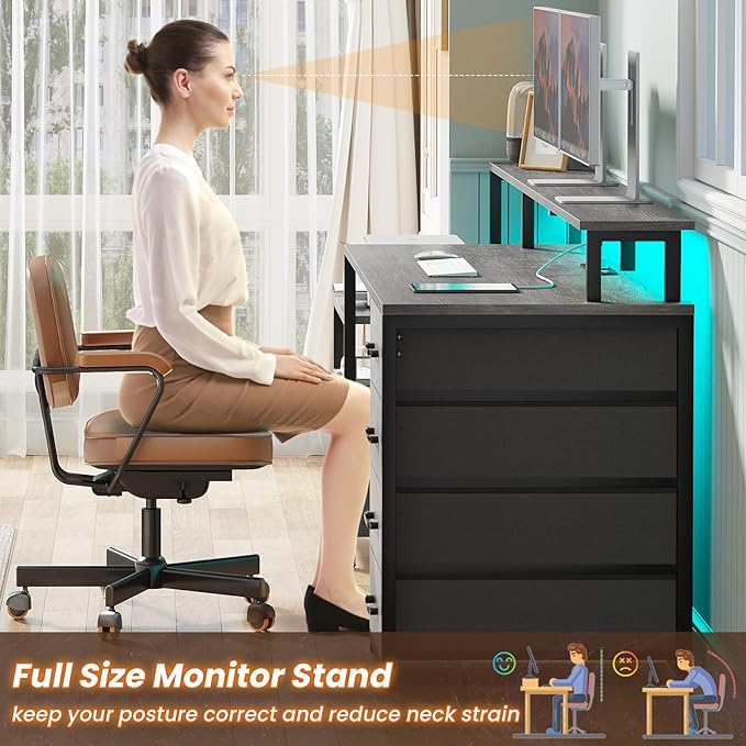 SEDETA Home Office Desk with File Drawer & Power Outlet, 66'' Computer Desk with 5 Drawer, Storage Shelves, Printer Cabinet and Monitor Shelf, Gaming Desk with Led Lights, Grey