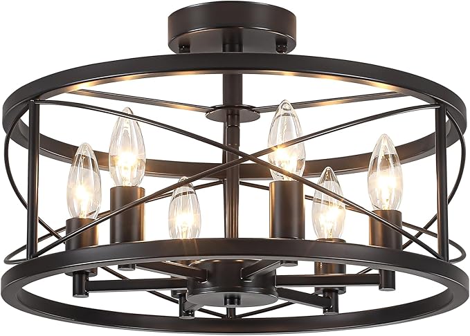 6-Light Black Semi Flush Mount Ceiling Light, 16.93'' Modern Farmhouse Close to Ceiling Light Fixtures, Ceiling Lamp for Hallway Entryway Kitchen Dining Room Living Room Bedroom Lights, UL Listed