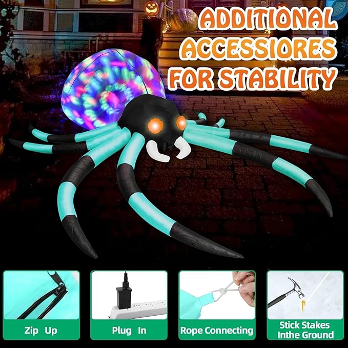 12Ft Halloween Inflatables Decorations Spider Built-in 7-Colors Changing LED Lights, Giant Blow ups Yard Decorations Outdoor with Colorful Rotating Lights & Glowing Eyes for Garden Lawn（Cyan）