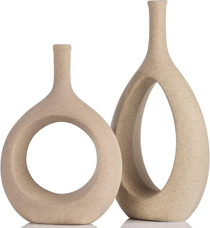Tan Ceramic Vase Set 2,Modern Hollow Circle with Hole Flower Vase for Home Decor,for Table Centerpieces,Farmhouse,Fire Place,Living Room,Bedroom,Office,Bookshelf,Rustic Decor