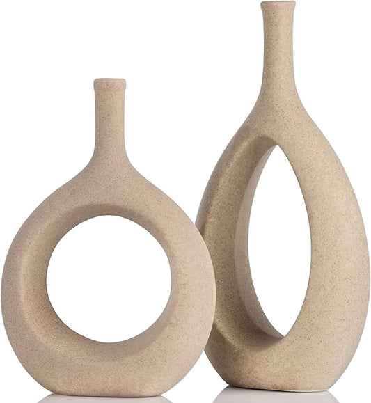 Tan Ceramic Vase Set 2,Modern Hollow Circle with Hole Flower Vase for Home Decor,for Table Centerpieces,Farmhouse,Fire Place,Living Room,Bedroom,Office,Bookshelf,Rustic Decor