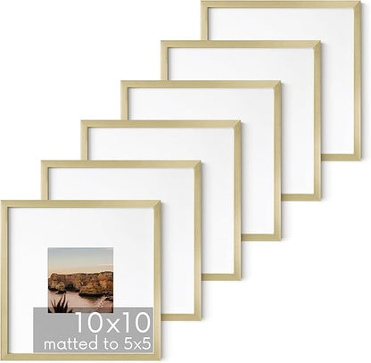 HAUS AND HUES 10x10 Gold Metal Picture Frames Matted to 5x5 - Features Premium Aluminum & Hanging Hardware, Shatterproof Plexiglass - Ideal for Home, Room, Office (10x10 in, Gold, Set of 6)