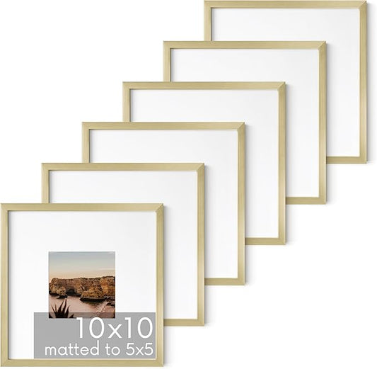HAUS AND HUES 10x10 Gold Metal Picture Frames Matted to 5x5 - Features Premium Aluminum & Hanging Hardware, Shatterproof Plexiglass - Ideal for Home, Room, Office (10x10 in, Gold, Set of 6)