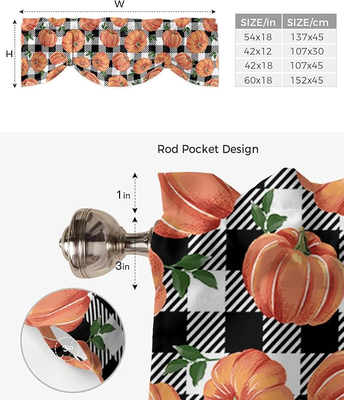 Fall Blackout Tie Up Valance Curtains for Kitchen Windows Thanksgiving Halloween Pumpkins Window Toppers Balloon Shades for Living Room/Bathroom/Bedroom,60" X 18" Farmhouse Black White Buffalo Plaid