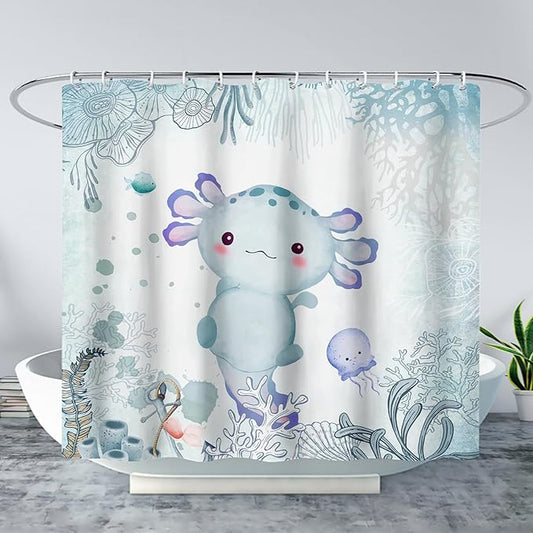AILONEN Cute Axolotl Shower Curtain for Bathroom Teal Blue Ocean Beach Coastal Bath Curtain Decor 36" W*72" H Polyester Fabric Waterproof Bathroom Curtain with Hooks
