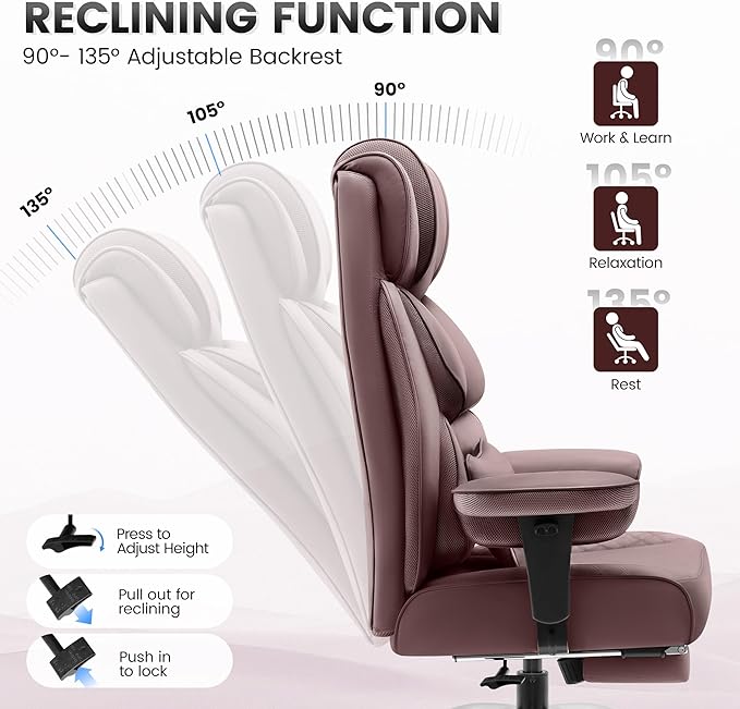 Office Desk Chair, Big and Tall Leather Gaming Chair with Footrest, Wide Ergonomic Comfy Executive High-Back Reclining Computer Chairs, Swivel Rolling Wheels and Padded Lumbar Support,Coffee