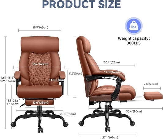 Office Chair, Big and Tall Office Chair, Reclining Office Chair with Footrest Home Office Desk Chairs, High Back Ergonomic Office Chair with Lumbar Support, Executive Leather Office Desk Chair