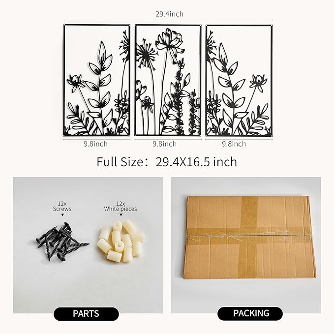 FUNTEREST 3 Pieces Black Metal Wall Art Decor Modern Minimalist Floral Single Line Living Room Wall Decor Abstract Wall Hanging Decor for Kitchen Office Bedroom Bathroom (Floral B)