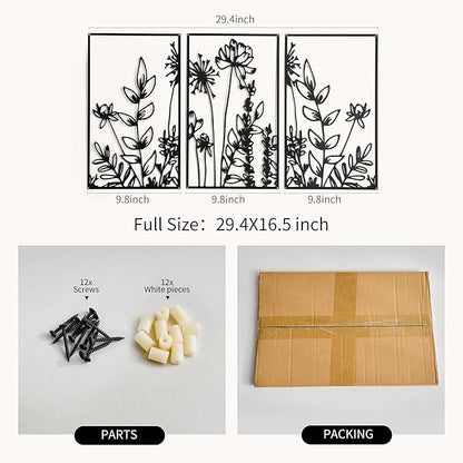 FUNTEREST 3 Pieces Black Metal Wall Art Decor Modern Minimalist Floral Single Line Living Room Wall Decor Abstract Wall Hanging Decor for Kitchen Office Bedroom Bathroom (Floral B)
