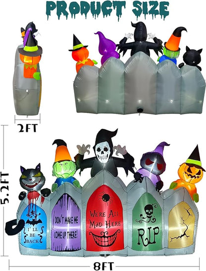 Kalolary 8FT Long Halloween Inflatable Decoration,Blow Up Yard Decoration with Pumpkin Ghost Witch Grim Reaper Black Cat Black Bat Tombstone Build-in Light Decor for Garden Lawn Indoor Outdoor