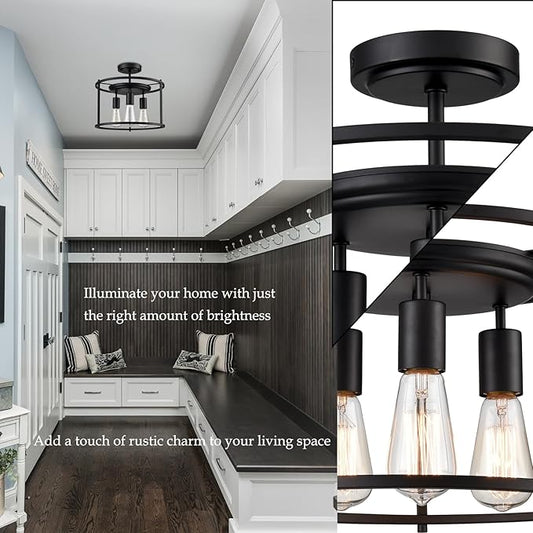 Farmhouse Semi Flush Mount Ceiling Light Industrial Kitchen Ceiling Light Matte Black for Bedroom, Living Room, Hallway, Entryway, Proch