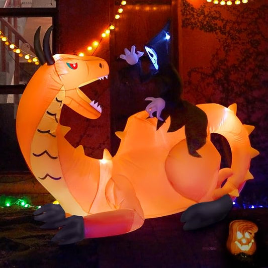 8FT Halloween Inflatables Dinosaur Outdoor Decoration, Grim Reaper Riding Dinosaur with 5 LED Lights Built-in Blow Up, Holiday Outside Decor for Yard Lawn Patio Garden Party