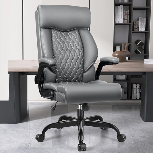 High Back Executive Ergonomic Computer Desk Chair with Rocking Function, Leather Managerial Office Chair with Adjustable Flip-Up Armrests and Lumbar Support